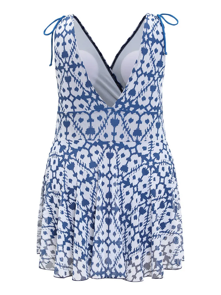 Chiffon Print Ruffled Patchwork Swimsuit One-Piece