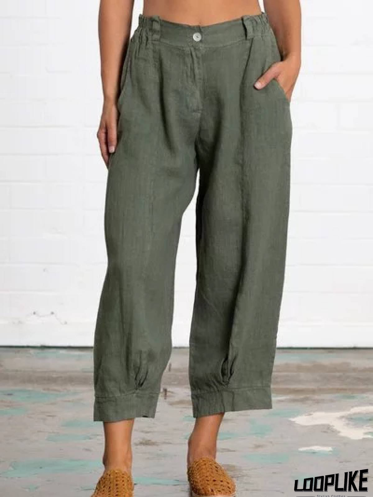 Linen Women Loose Capri Pants With Pockets