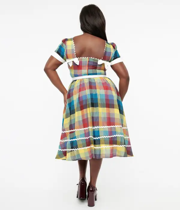 Unique Vintage Plus Size 1950s Multicolor Plaid Cotton Swing Dress