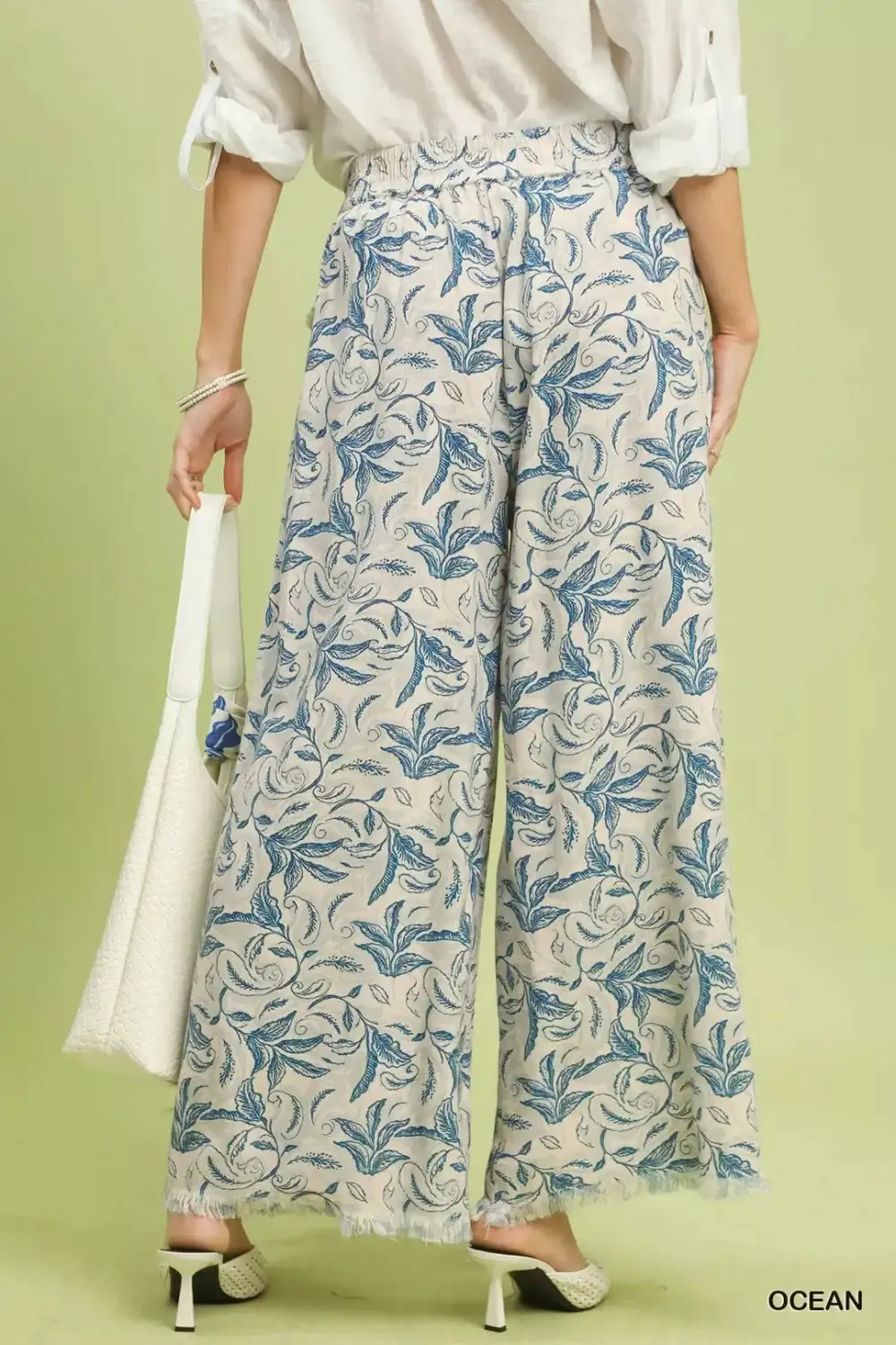 Linen Printed Wide Leg Raw Hem Pants