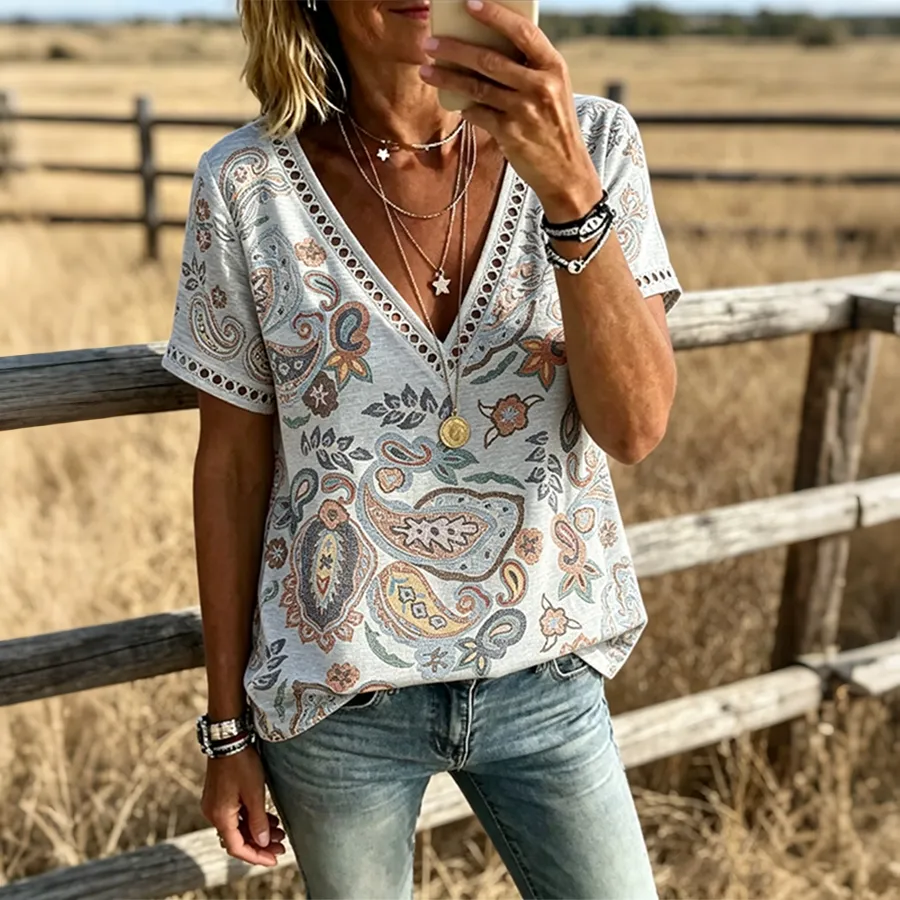 Women's Boho Paisley Print V Neck Trim Short Sleeve Western Blouse