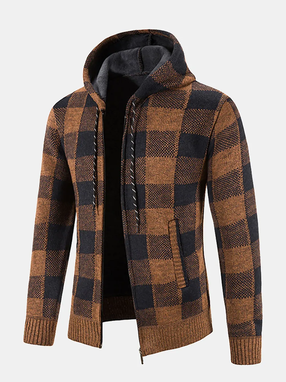 Plaid Zip Up Hooded Cardigan