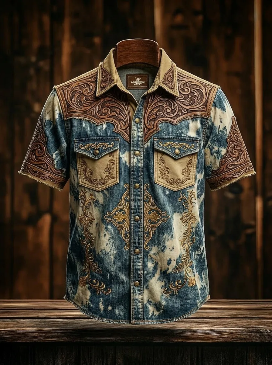 Men's Western Cowboy Floral Tooled Leather Print Acid Wash Denim Shirt
