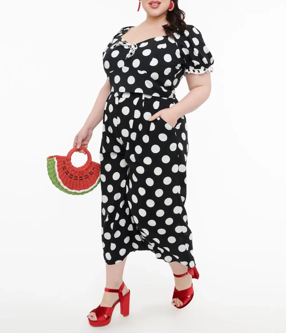 Hell Bunny Plus Size 1960s Black & White Polka Dot Cropped Trousers