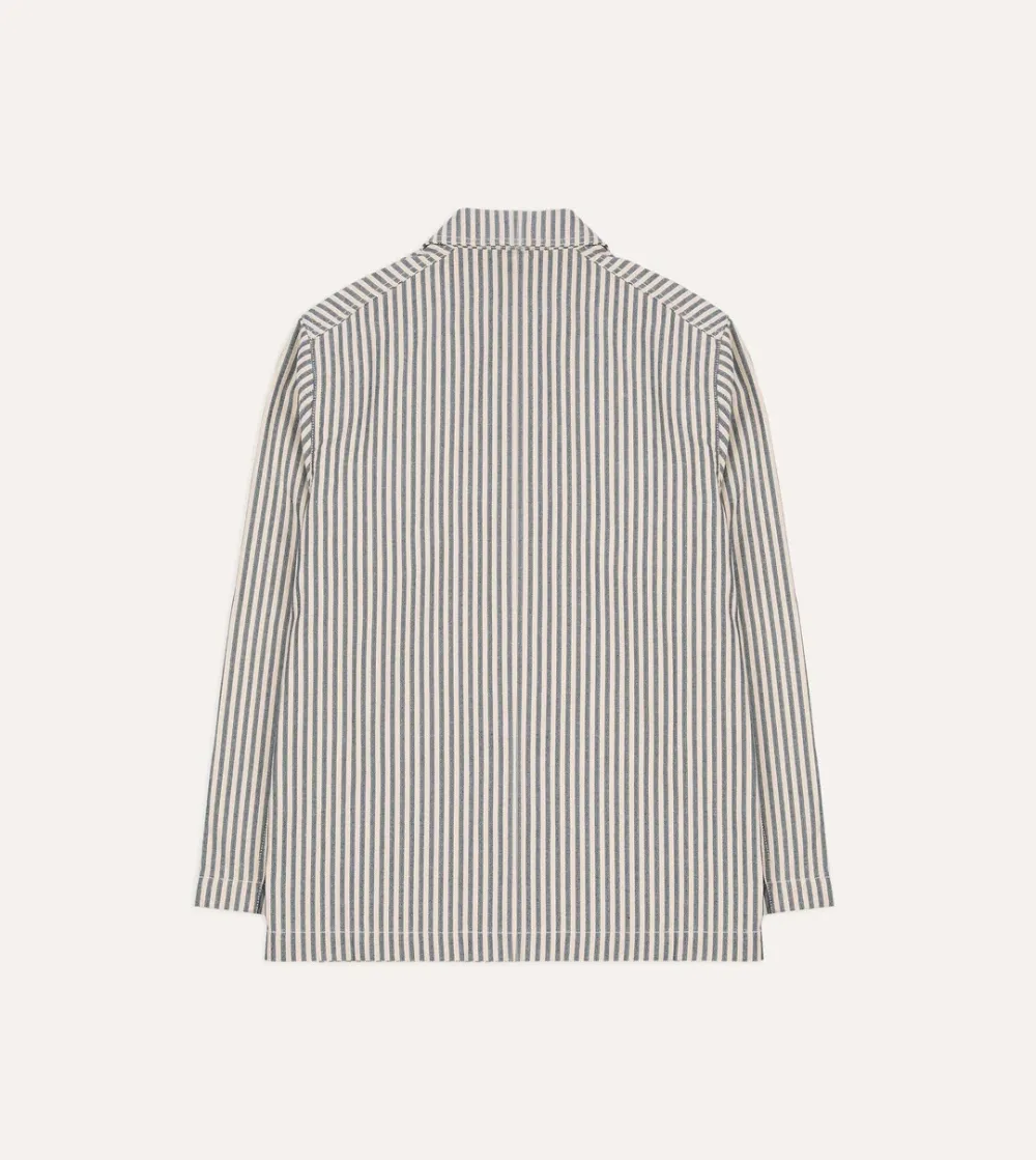 Blue And Ecru Stripe Cotton-Linen Deck Chore Jacket Casual Style