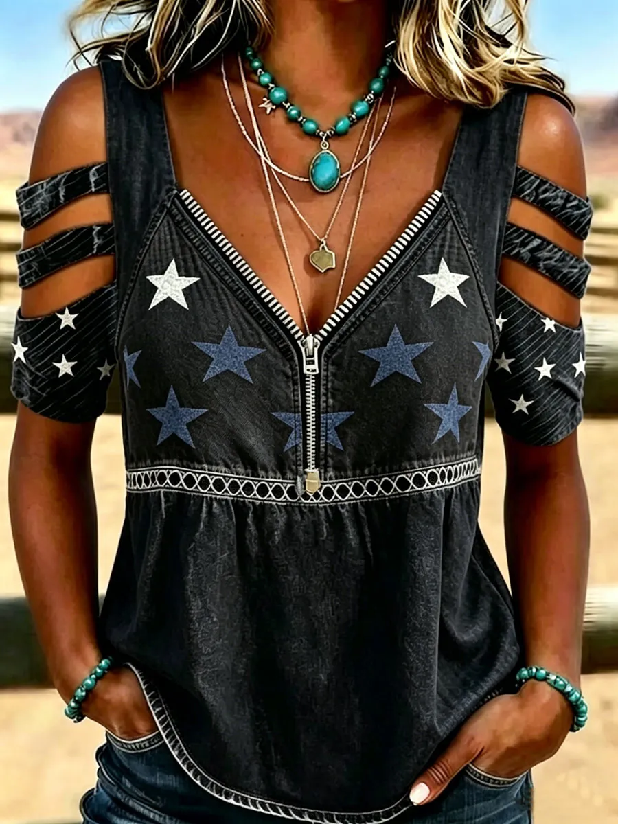 Female Casual Hollowed Out Patriotic T-Shirt