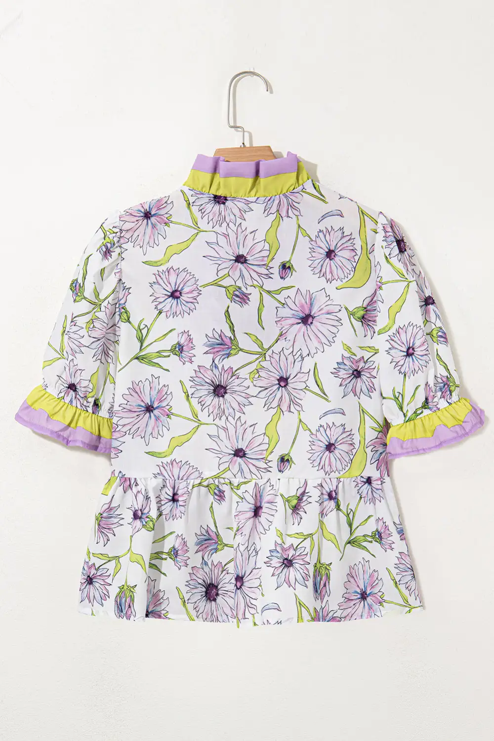 Purple Floral Print Striped Detail Split Neck Flounce Short Sleeve Peplum Blouse