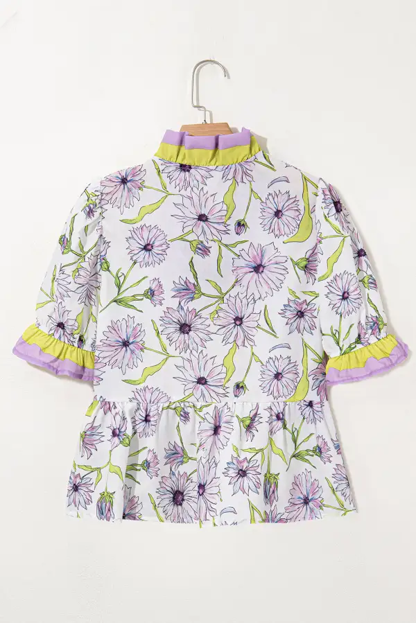 Purple Floral Print Striped Detail Split Neck Flounce Short Sleeve Peplum Blouse