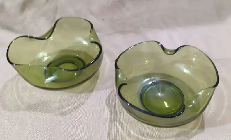 Vintage MCM Anchor Hocking Avocado Green Folded Glass Chip & Dip Set Of 3 EUC JD