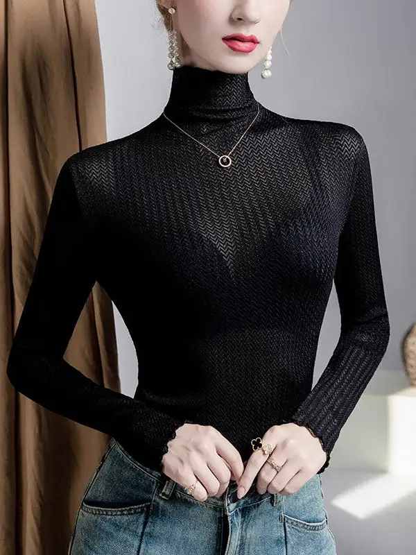 Long Sleeve Curve Fit Mesh Sheer Slightly Sheer Panel Detail High Neck T-Shirt