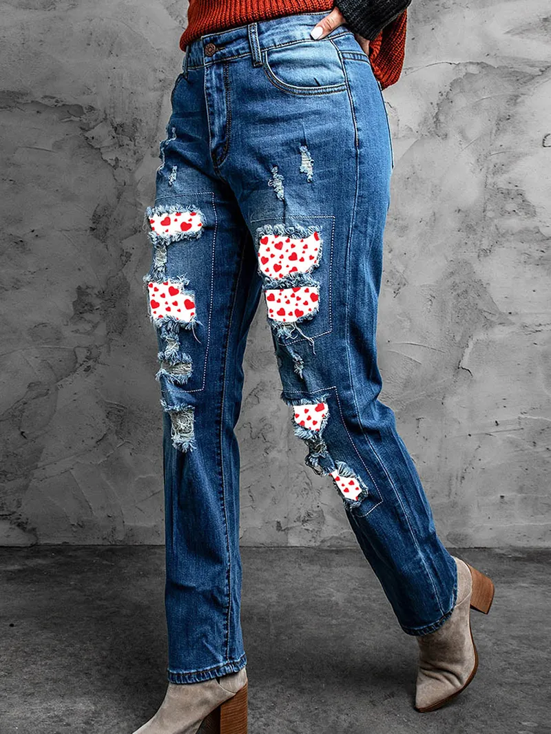 Women's Retro Distressed Heart Print Jeans