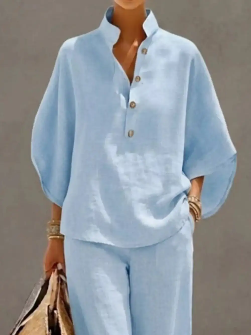 Button Detail Sleeve Top and Pants Set