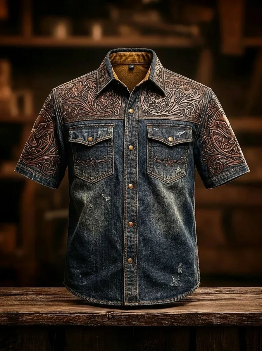 Men's Western Cowboy Floral Tooled Leather Printed Denim Shirt