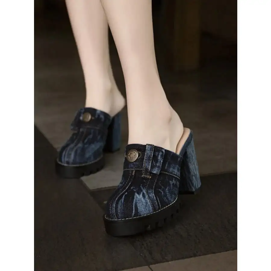 Denim Round Toe Block-Heel Sandals