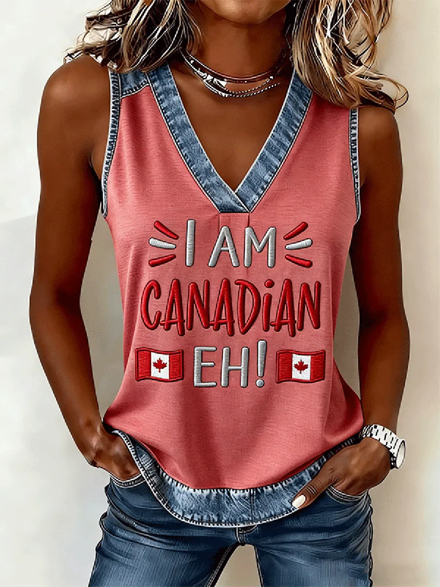 Women's I Am Canadian Eh! Denim Trim Embroidered Tank Top