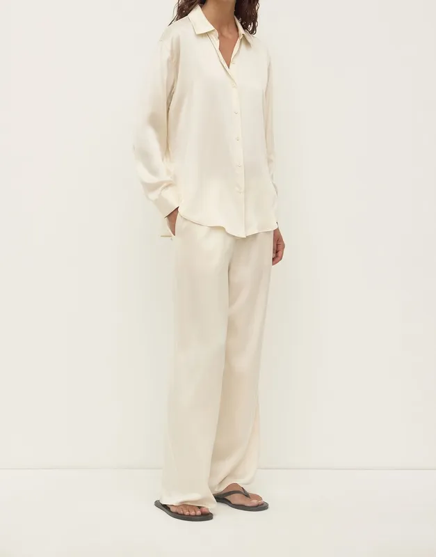 Cream Silk Wide-Leg Pant