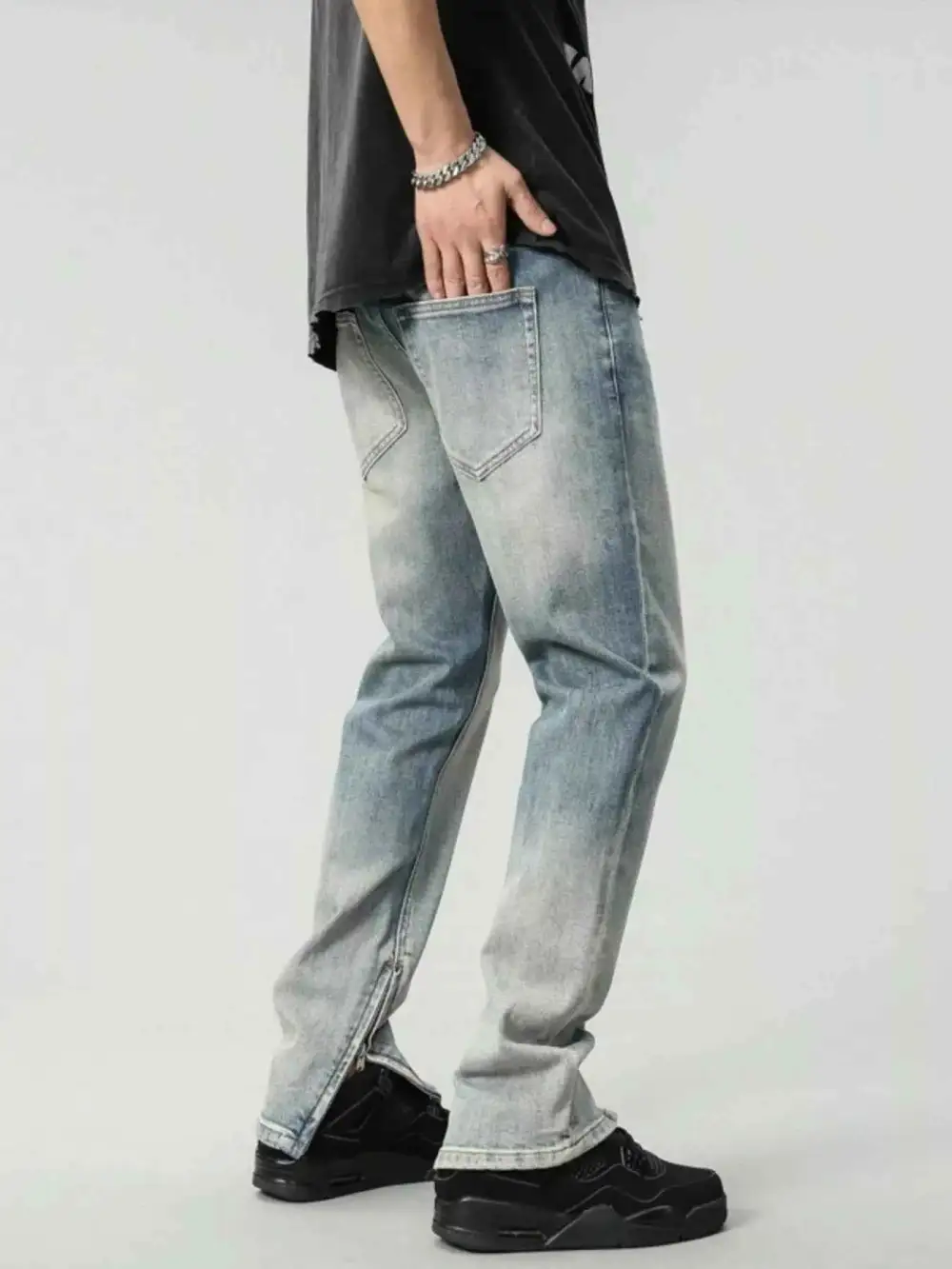 Zip Detail Washed Straight Leg Jeans