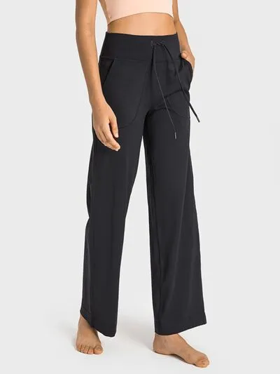 Drawstring Waist Wide Leg Sports Pants With Pocket