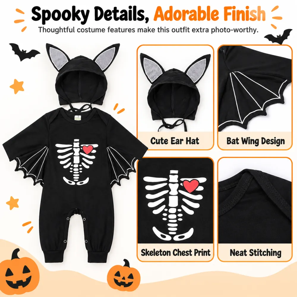 Halloween Skeleton Print Baby Romper Bat Costume Pumpkin Onesie with Hat
