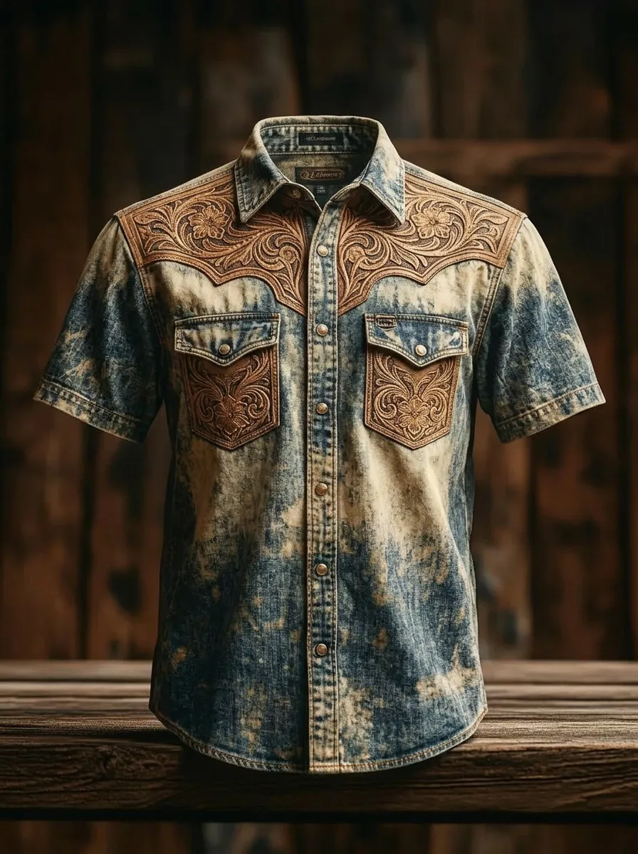 Men's Western Style Floral Tooled Leather Print Acid Wash Shirt