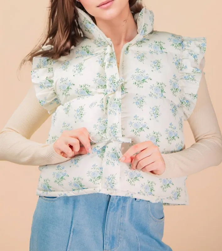 Front Bow Ruffle Sleeve Puffer Vest