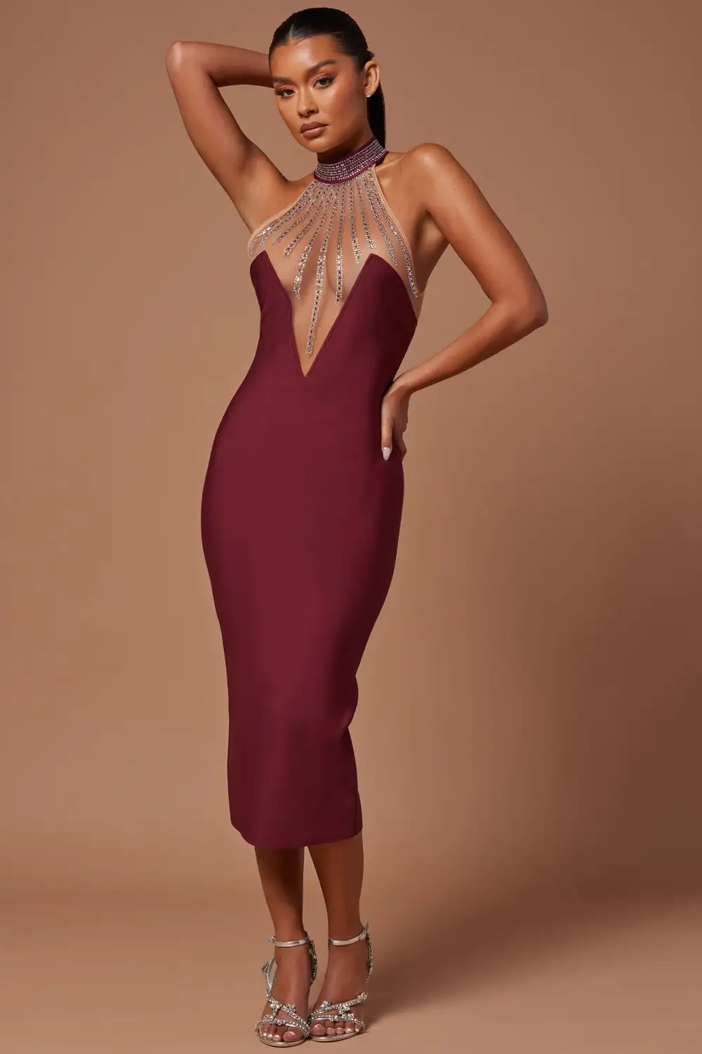Lina Embellished Bandage Midi Dress - Burgundy