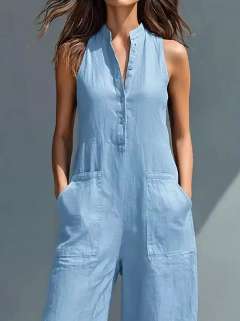 Button Front Sleeveless Jumpsuit