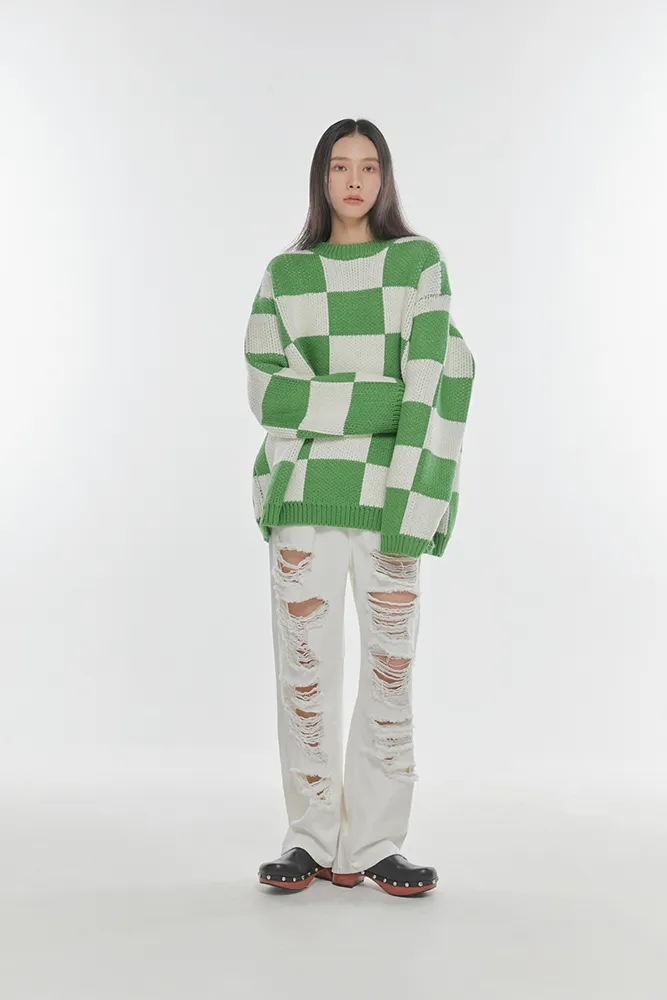 Loose Color Block Plaid Round Neck Knitted Sweater