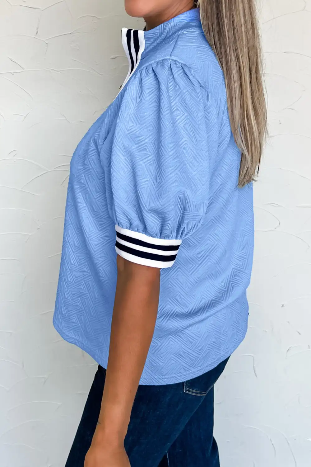 Textured Stripe Trim Split Neck Puff Sleeve Top