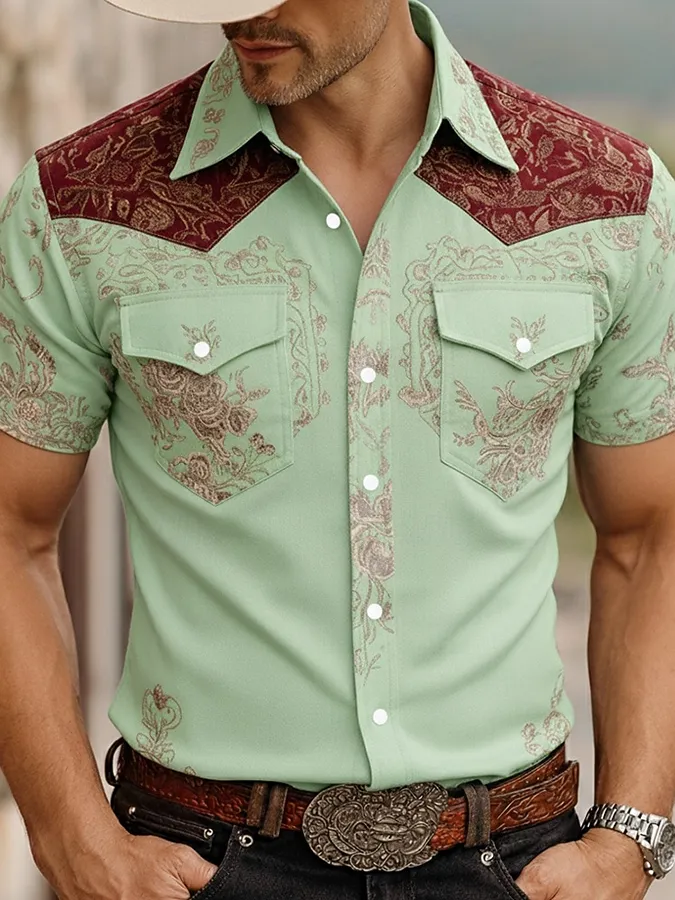 Men's Western Floral Jacquard Short Sleeve Shirt