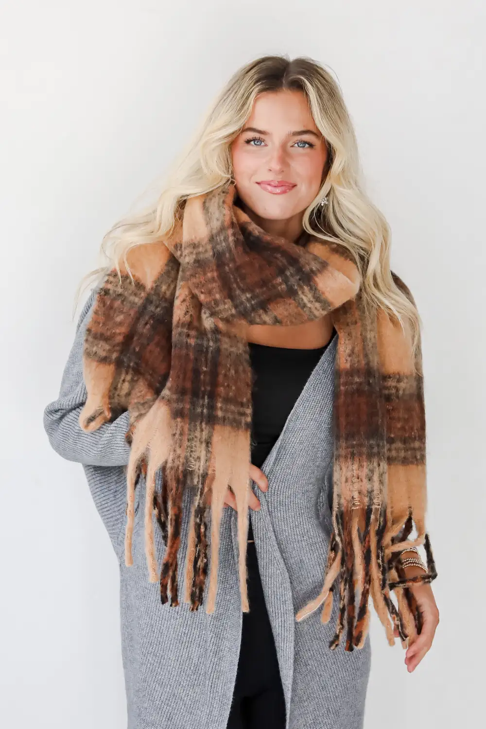 FINAL SALE - Snuggly Elevation Plaid Fringe Scarf - DOORBUSTER