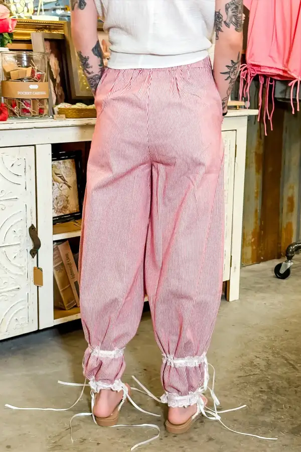 Contrast Lace Ribbon Tie Detail Wide Leg Pants