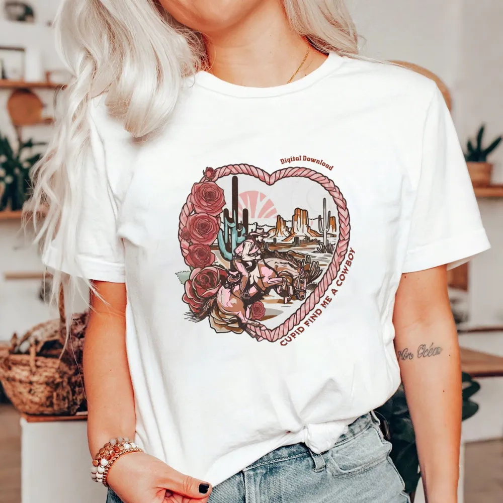 With A Desert And Sunrise Scene In The Background, Western Cowboy Style Casual T-Shirt