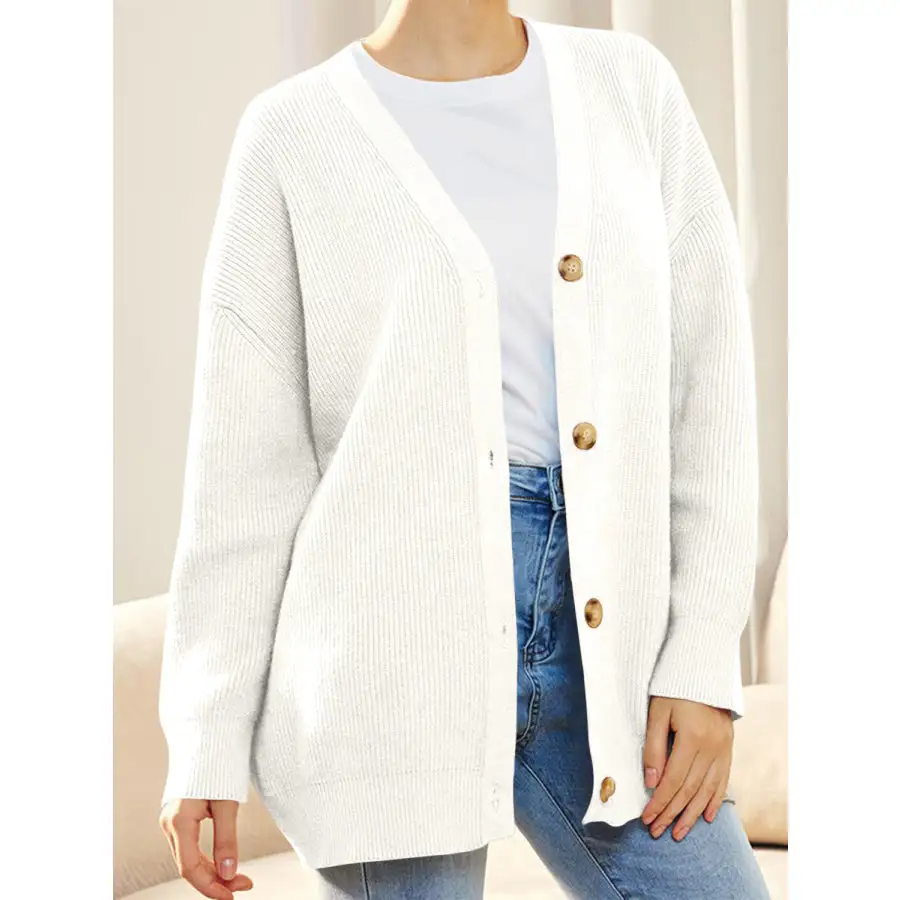 Button Down V Neck Long Sleeve Cardigan