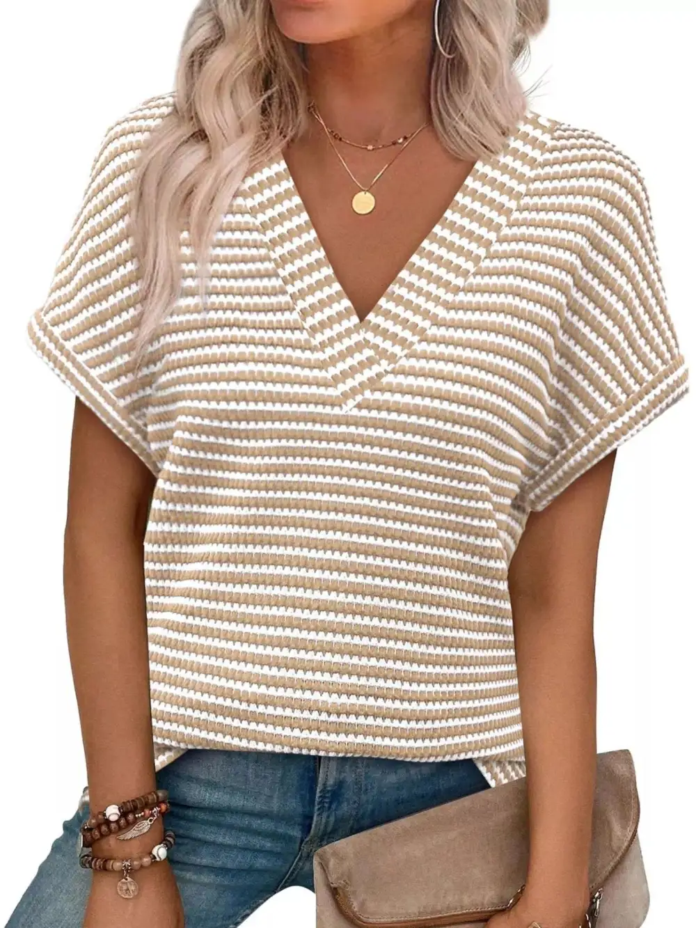 Striped V Neck Relaxed Fit T Shirt