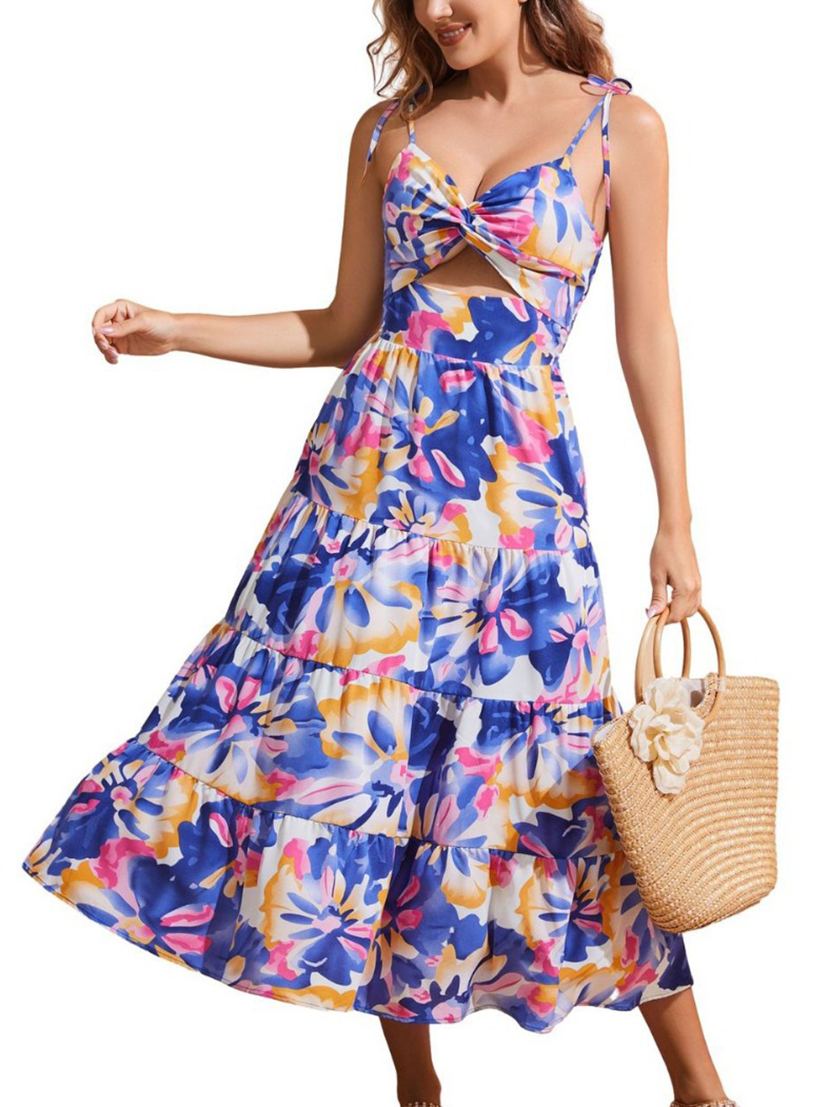 New Ladies Summer Vacation Style Suspender Dress With Large Swing Print Skirt