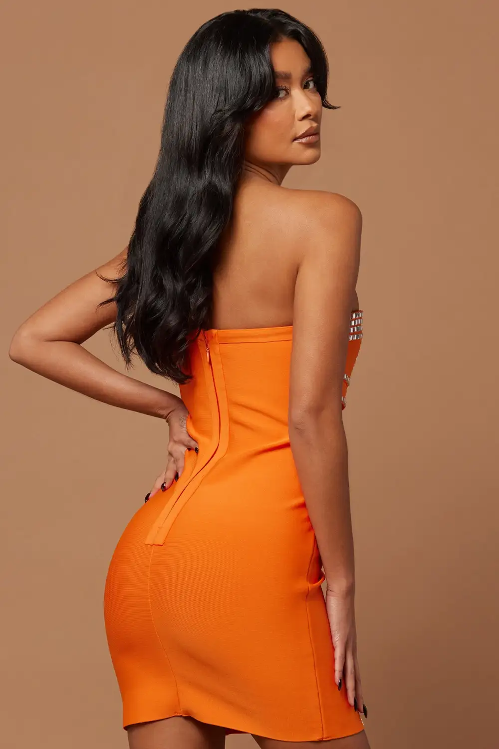 Ella Embellished Bandage Mini Dress - Orange