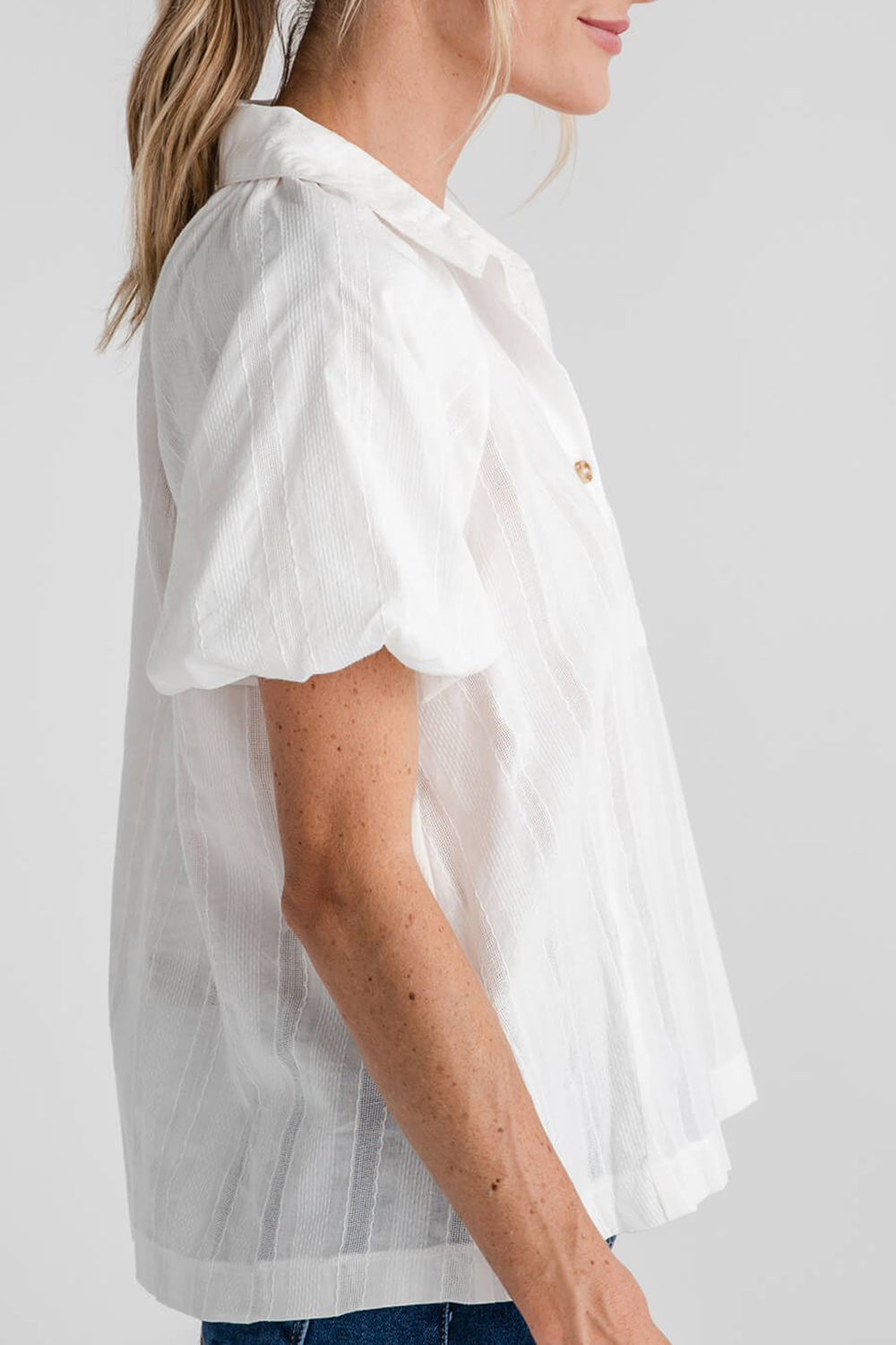 Hem & Thread Button Down Bubble Sleeve Blouse - white