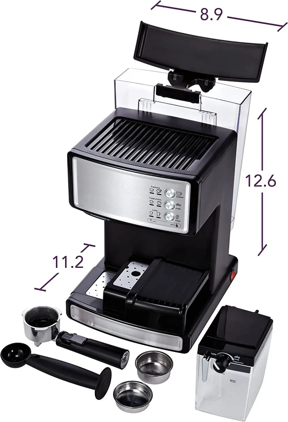 Espresso and Cappuccino Machine, Programmable Coffee Maker with Automatic Milk Frother and 15-Bar Pump, Stainless Steel