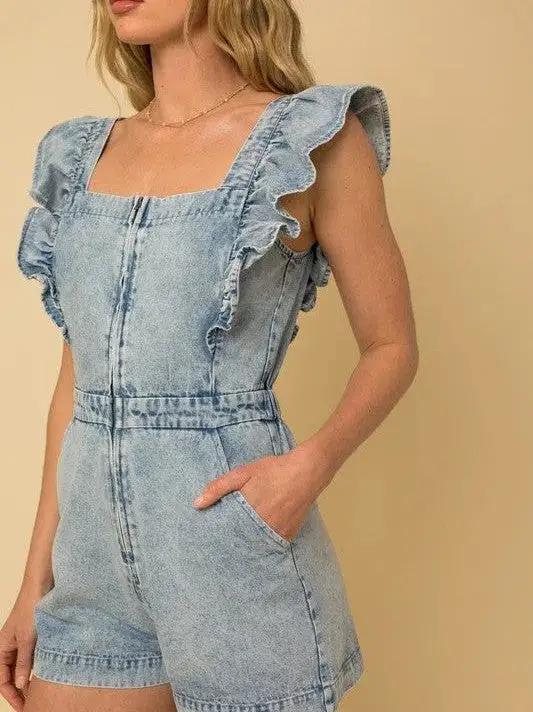 Off the Charts Cuteness Ruffle Denim Romper