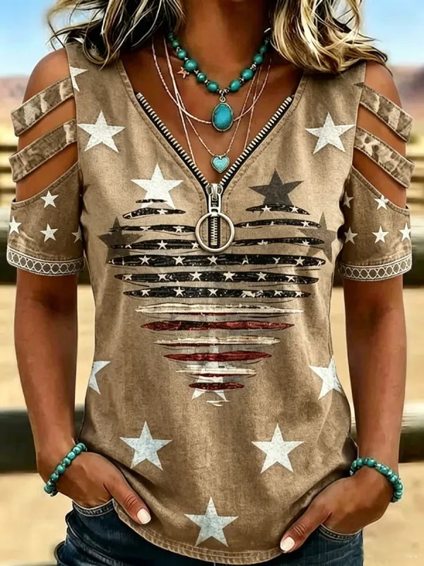 Female Casual Hollowed Out Patriotic T-Shirt