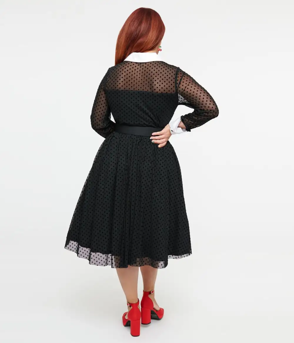 Unique Vintage 1950s Black Polka Dot Tulle Swing Dress