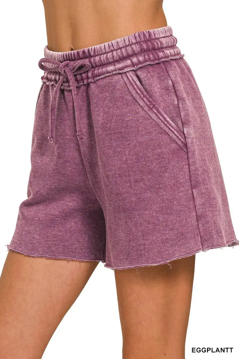 Casual Acid Wash Fleece Drawstring Shorts with Pockets