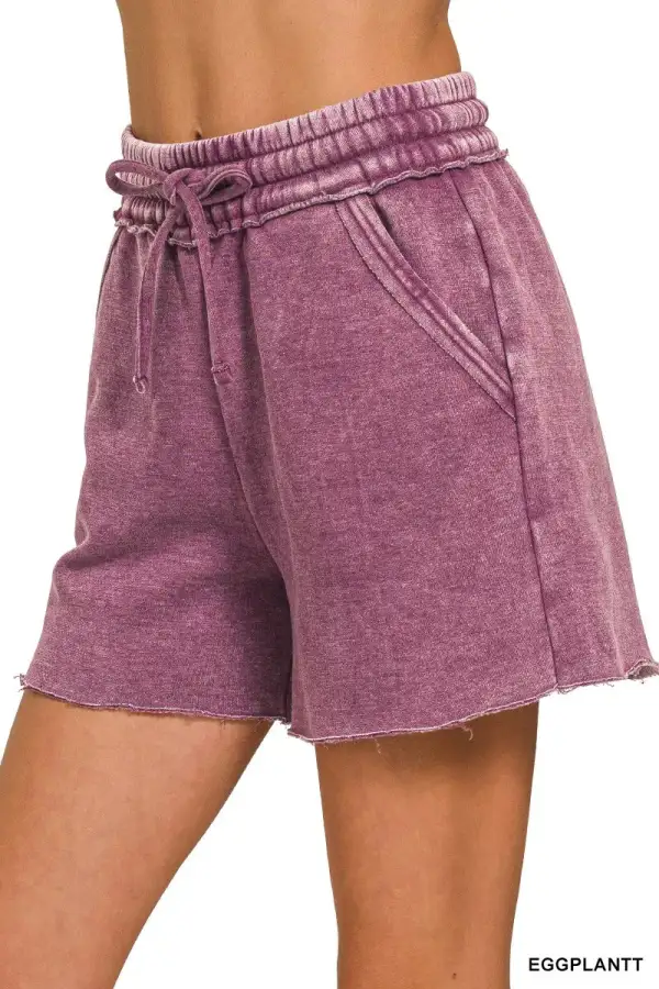 Casual Acid Wash Fleece Drawstring Shorts with Pockets