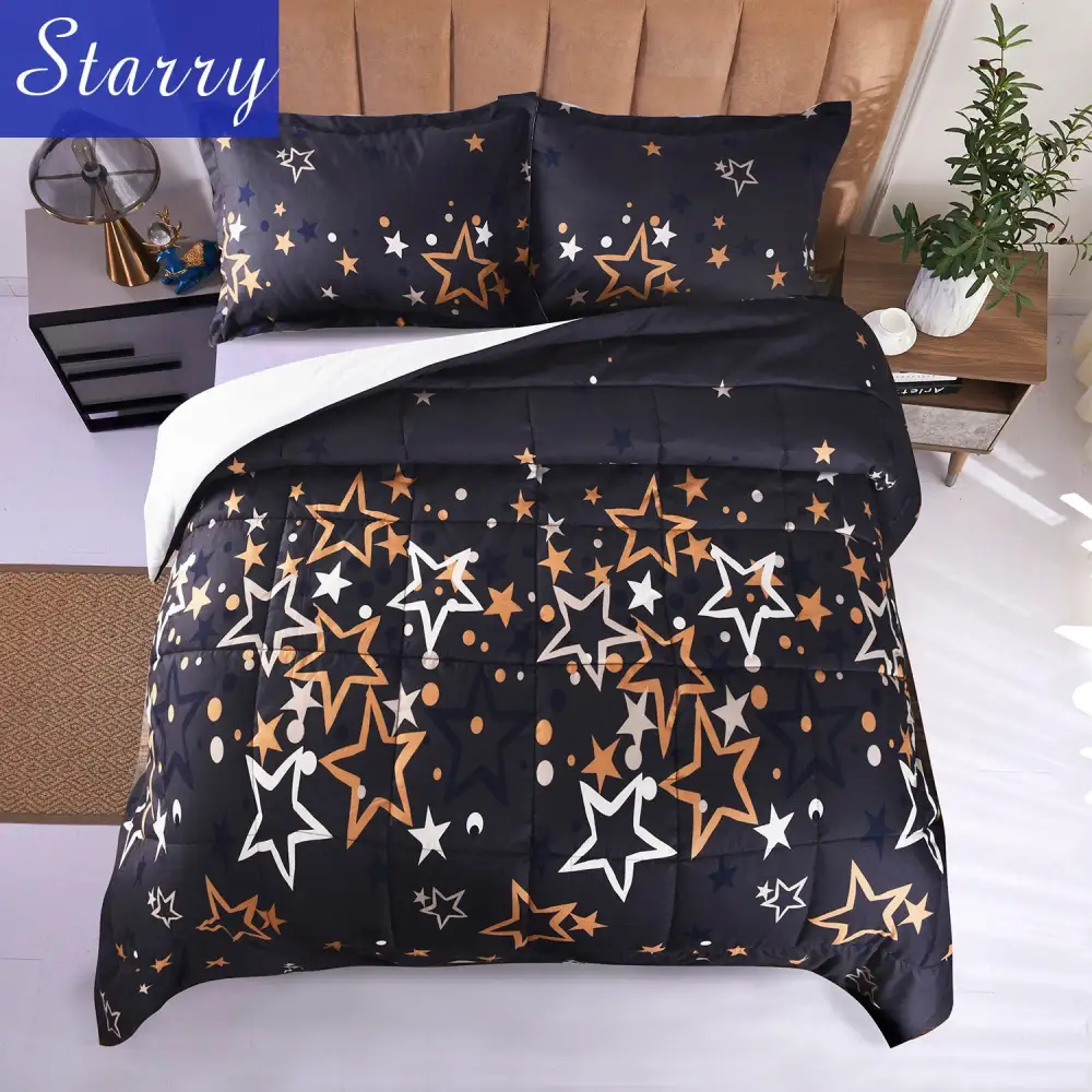 HIG Geometric Print Comforter Set, Grid / Stars Pattern, 3 PCS Lightweight Quilted Comforter with Two Shams