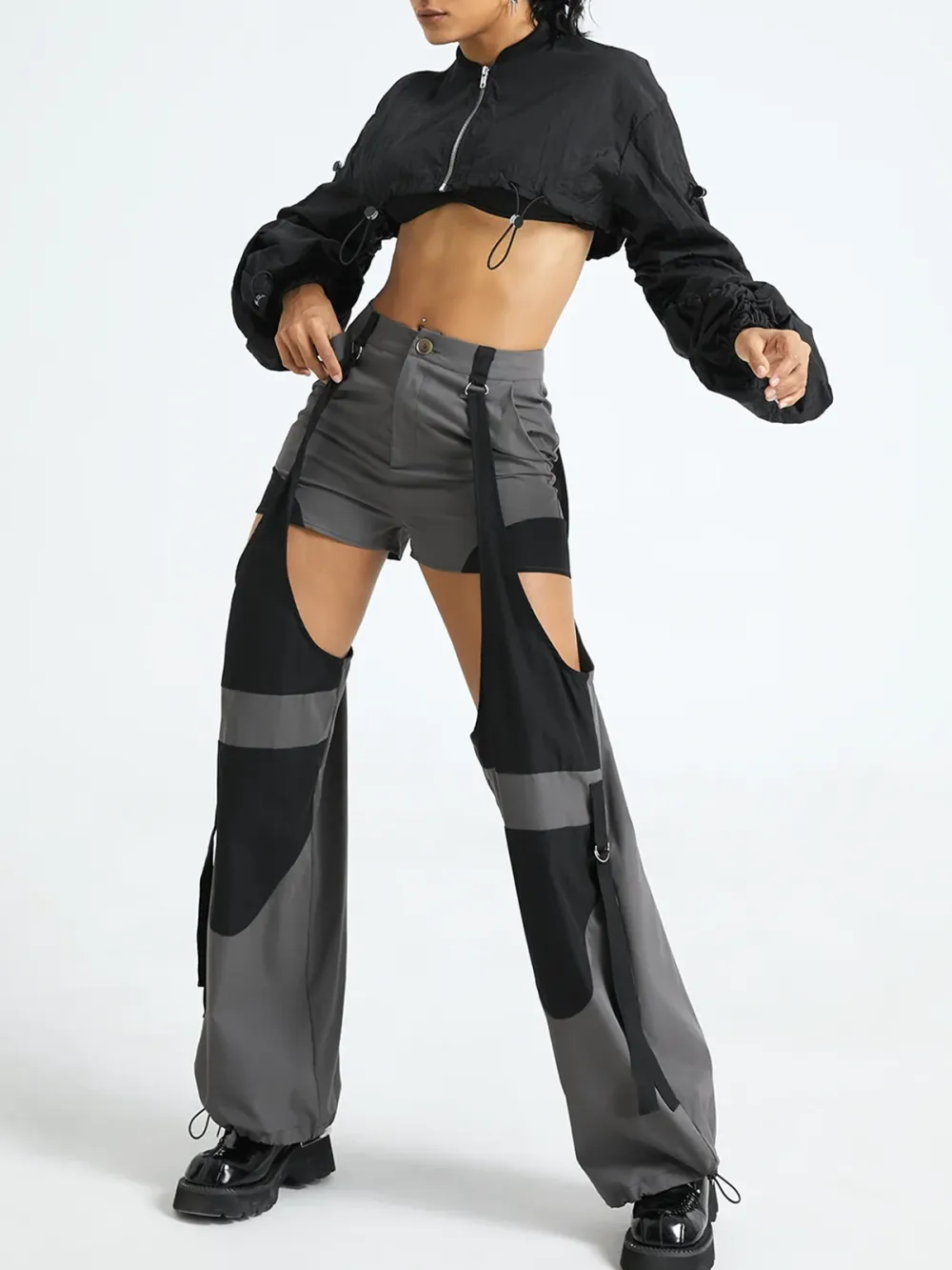 Rib Fabric Stand Collar Plain Long Sleeve Jacket