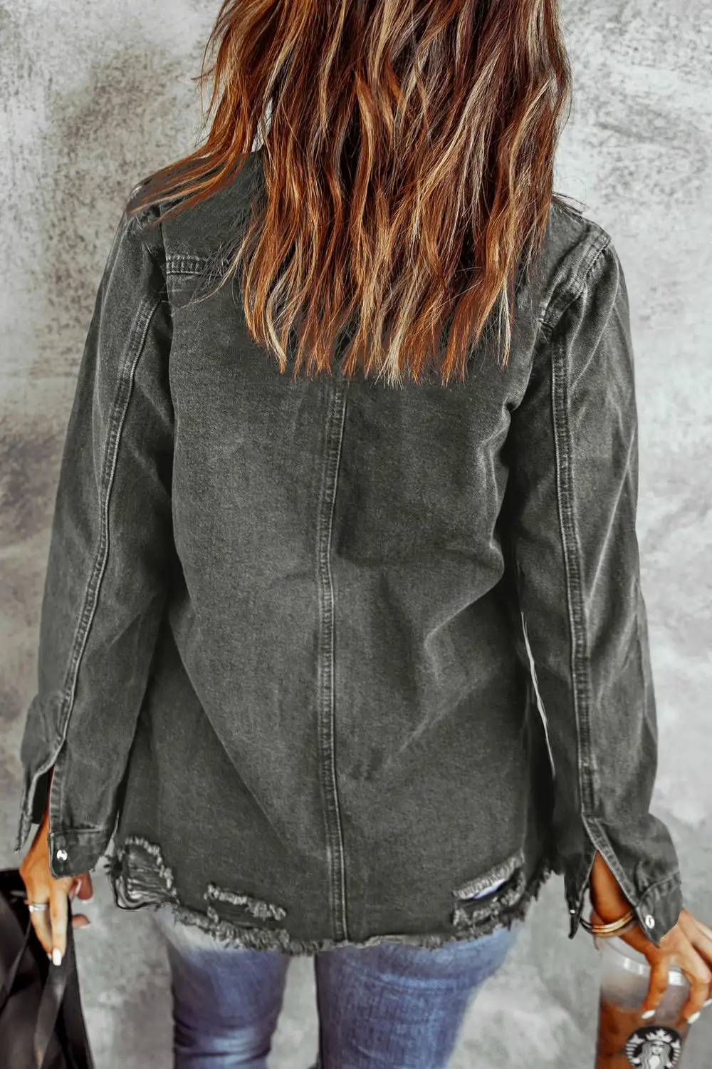 Distressed Raw-hem Snap-front Denim Jacket