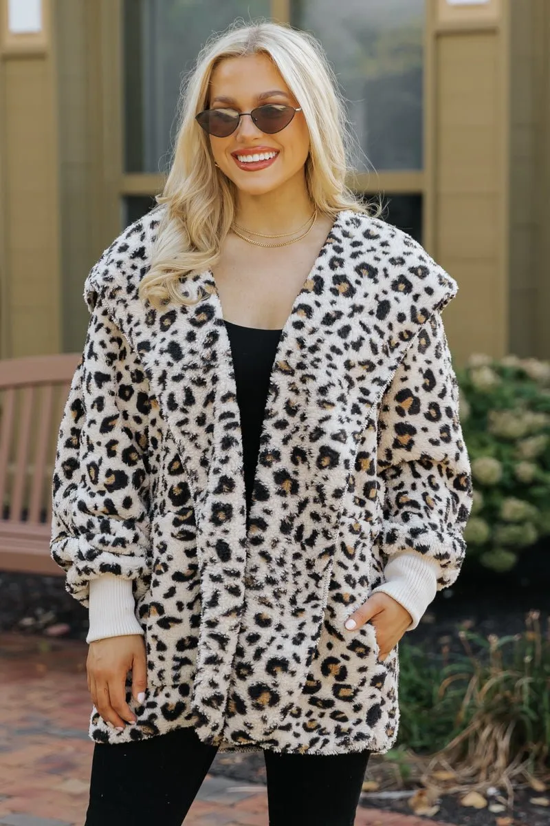 Tan Leopard Print Fur Hooded Jacket