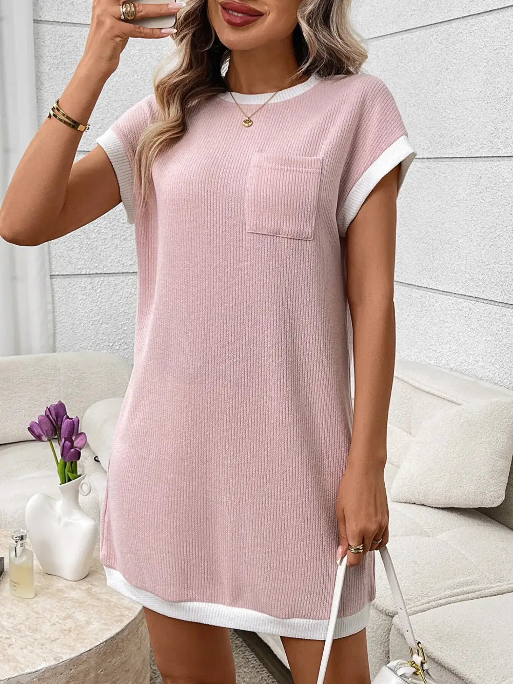 Ribbed Knit Pocketed Mini Dress