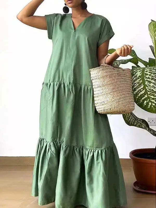 Loose Split Pleated Neck Maxi Dress